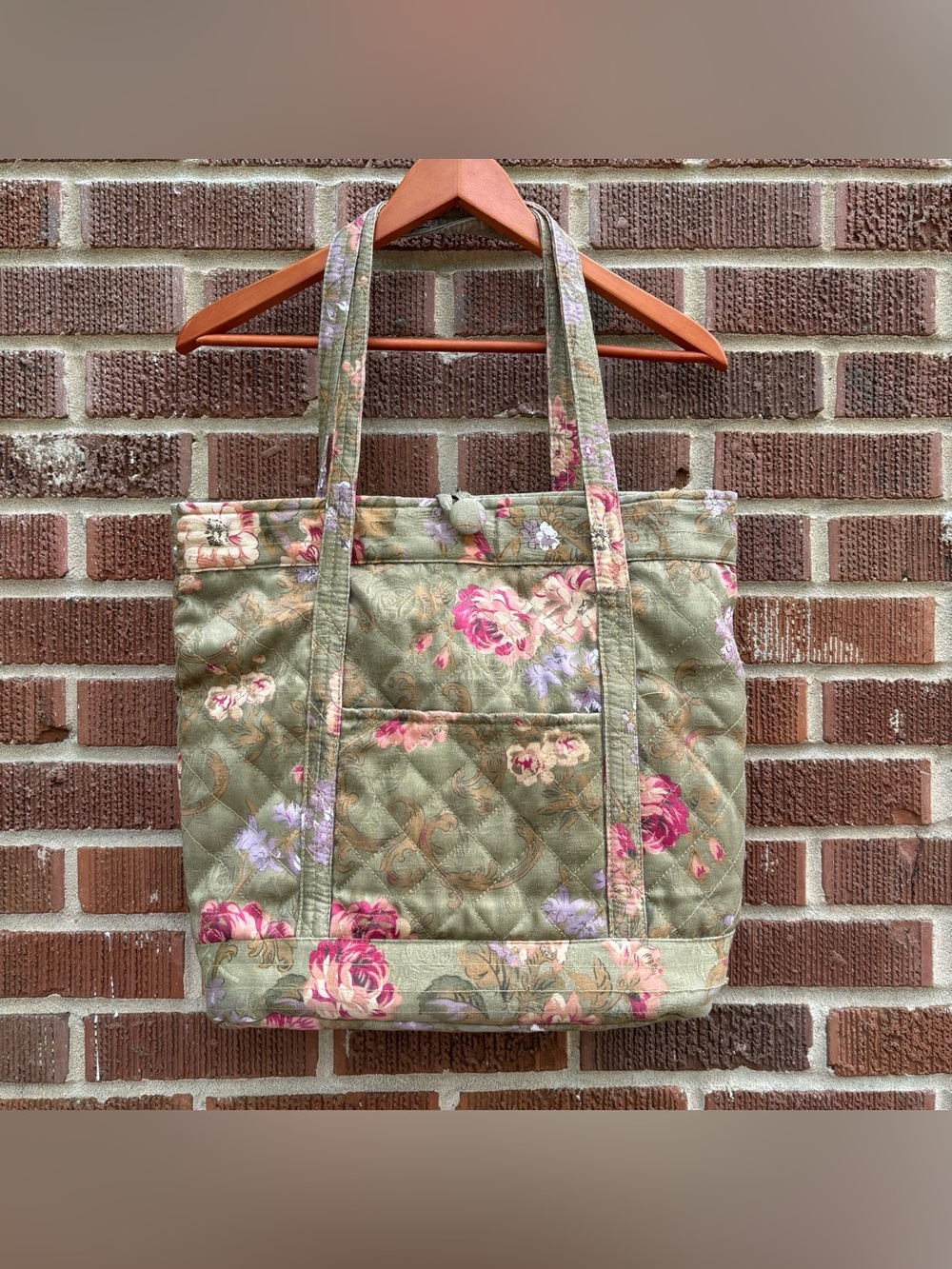 Quilted floral vintage style fabric bohemian shabby chic Green shoulder tote bag - Picture 2 of 8